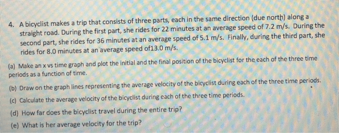 A bicyclist makes a trip that consists of three parts