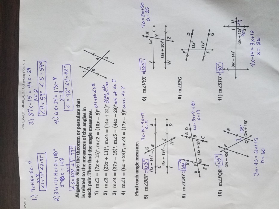 Quiz 3 1 parallel lines transversals and angles answer key